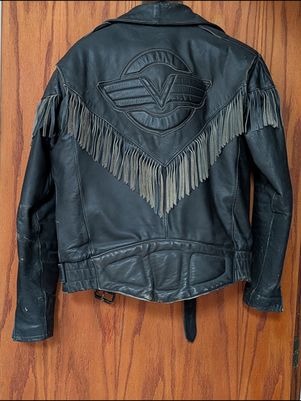 Black Leather Fringe Motorcycle Jacket - Women's Shoulder 19" Arms 24" length 26